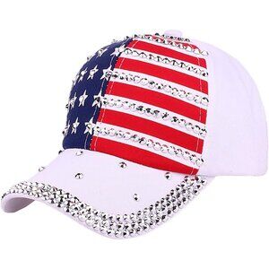 USA Bling Baseball Cap Sparkle American Flag Hat Men's Women's Hip Hop Cap White